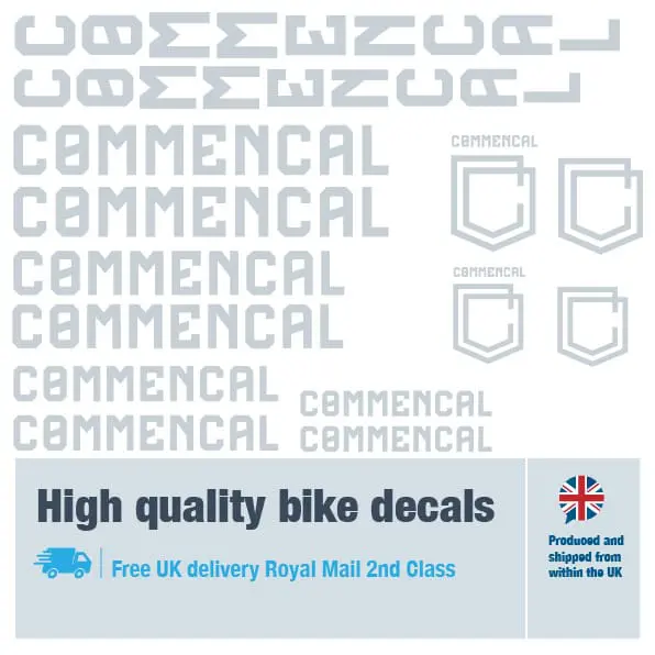 Commencal new bike decal set in silver. Replacement vinyl stickers for Commencal frames.