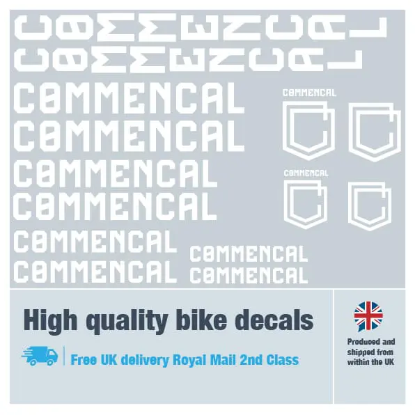 Commencal new bike decal set in white. Replacement vinyl stickers for Commencal frames.