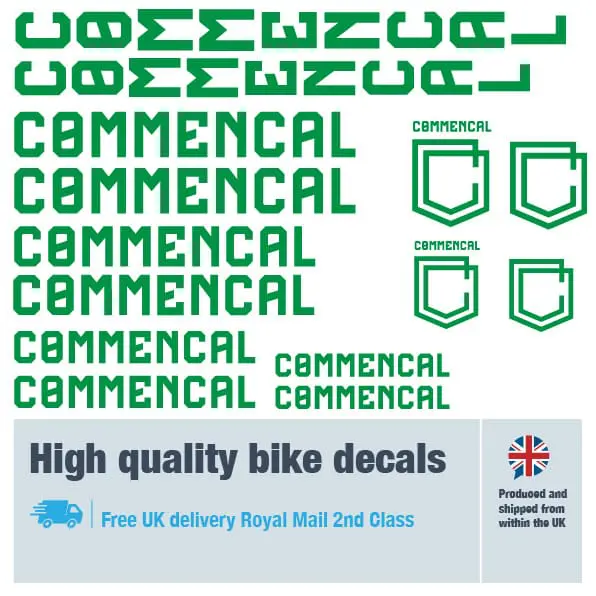 Commencal new bike decal set in green. Replacement vinyl stickers for Commencal frames.