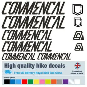 Commencal bike decal set in black. Replacement vinyl stickers for Commencal frames.
