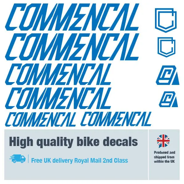 Commencal bike decal set in dark blue. Replacement vinyl stickers for Commencal frames.