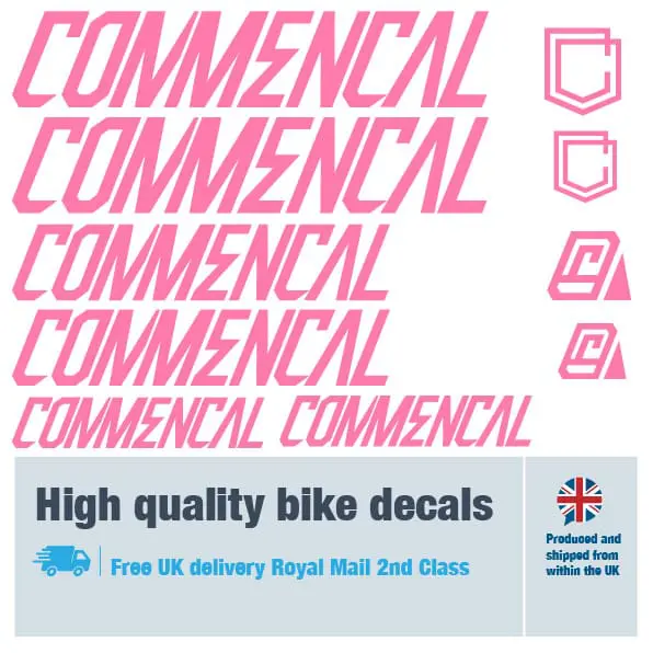 Commencal bike decal set in pink. Replacement vinyl stickers for Commencal frames.