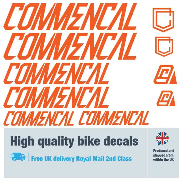 Commencal bike decal set in orange. Replacement vinyl stickers for Commencal frames.