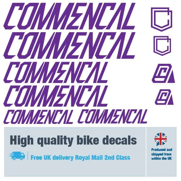 Commencal bike decal set in purple. Replacement vinyl stickers for Commencal frames.