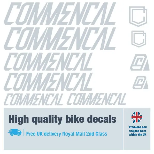 Commencal bike decal set in silver. Replacement vinyl stickers for Commencal frames.