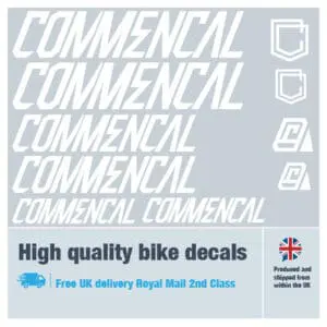 Commencal bike decal set in white. Replacement vinyl stickers for Commencal frames.