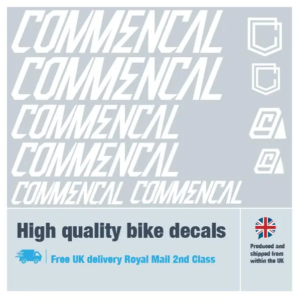 Commencal bike decal set in white. Replacement vinyl stickers for Commencal frames.