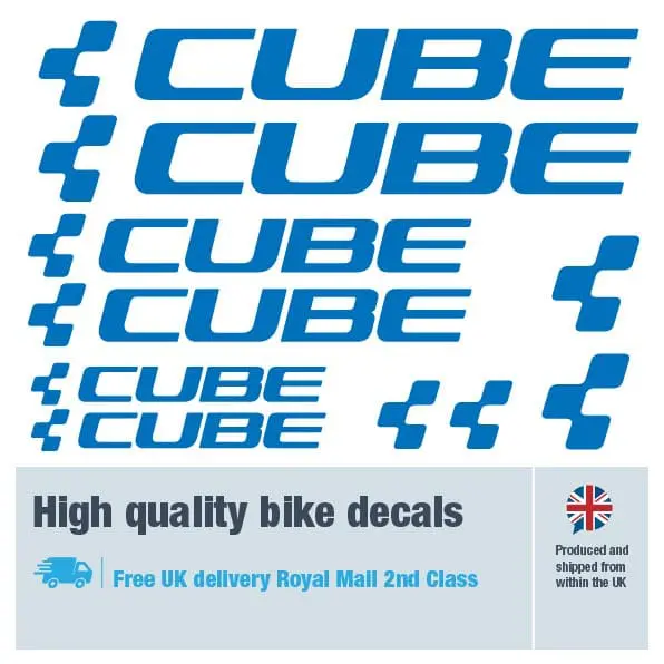 Cube bike decal set in dark blue. Replacement vinyl stickers for Cube frames.