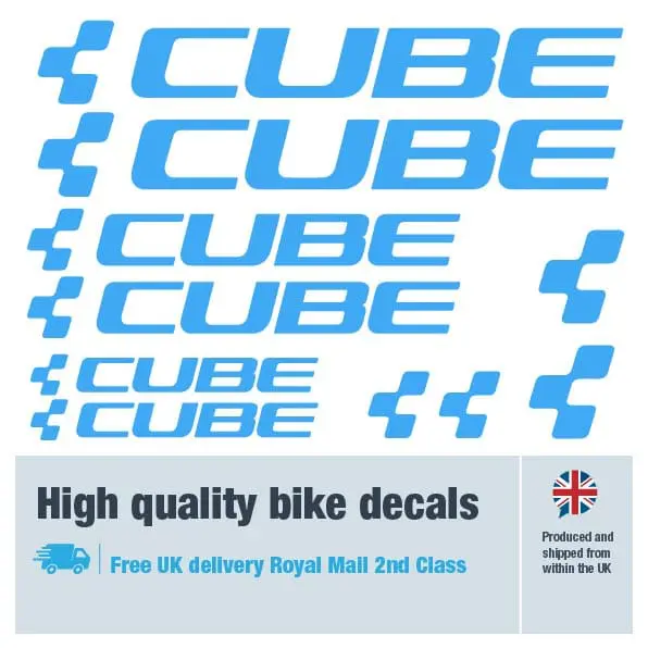 Cube bike decal set in light blue. Replacement vinyl stickers for Cube frames.