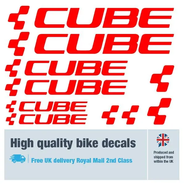 Cube bike decal set in red. Replacement vinyl stickers for Cube frames.