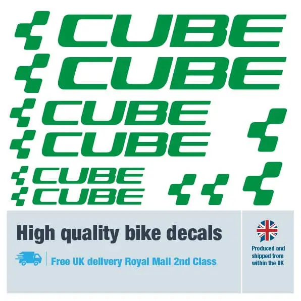Cube bike decal set in green. Replacement vinyl stickers for Cube frames.