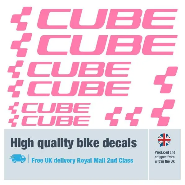 Cube bike decal set in pink. Replacement vinyl stickers for Cube frames.
