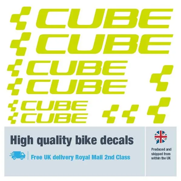 Cube bike decal set in lime. Replacement vinyl stickers for Cube frames.