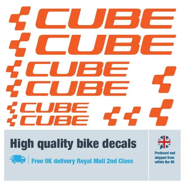Cube bike decal set in orange. Replacement vinyl stickers for Cube frames.