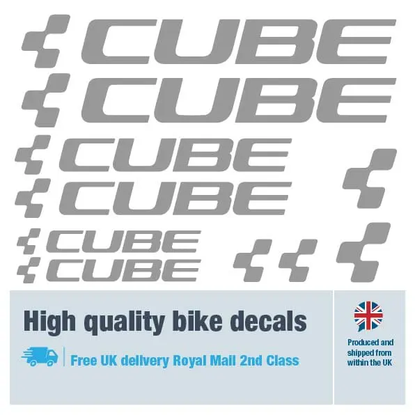 Cube bike decal set in grey. Replacement vinyl stickers for Cube frames.