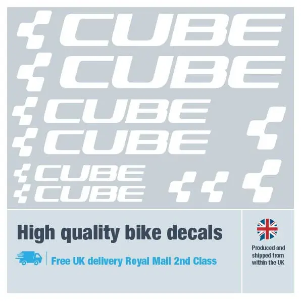 Cube bike decal set in white. Replacement vinyl stickers for Cube frames.