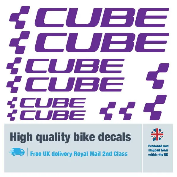 Cube bike decal set in purple. Replacement vinyl stickers for Cube frames.