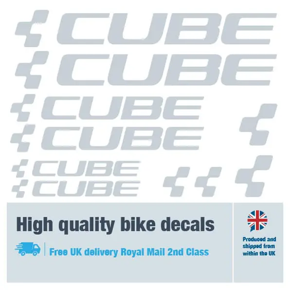 Cube bike decal set in silver. Replacement vinyl stickers for Cube frames.
