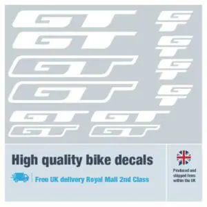 GT bike decal set in white. Replacement vinyl stickers for GT frames.