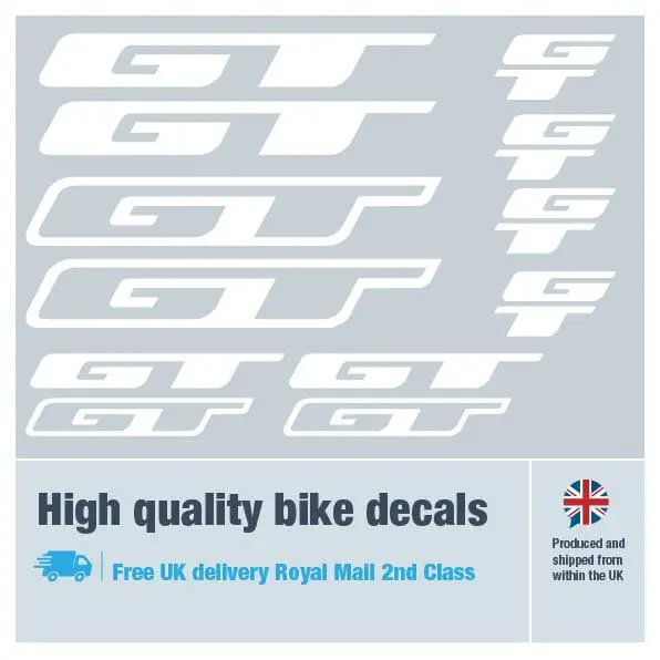 GT bike decal set in white. Replacement vinyl stickers for GT frames.