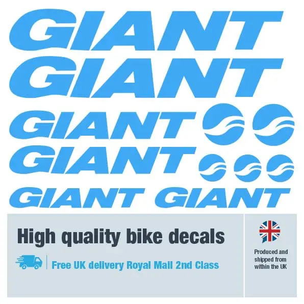 Giant bike decal set in light blue. Replacement vinyl stickers for Giant frames.