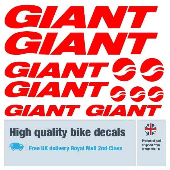 Giant bike decal set in red. Replacement vinyl stickers for Giant frames.