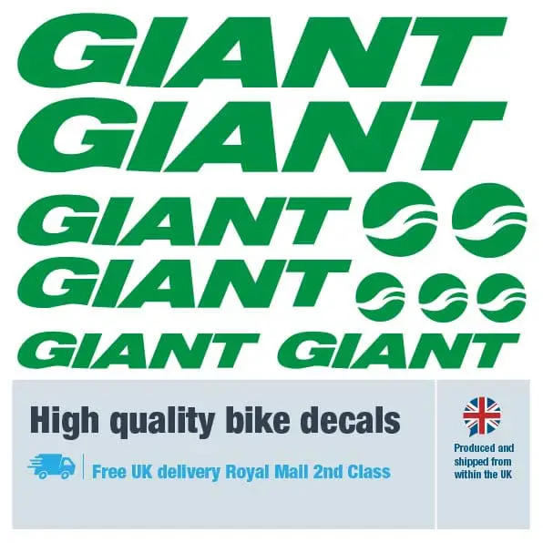 Giant bike decal set in green. Replacement vinyl stickers for Giant frames.