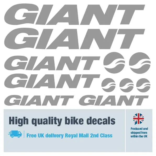 Giant bike decal set in silver. Replacement vinyl stickers for Giant frames.