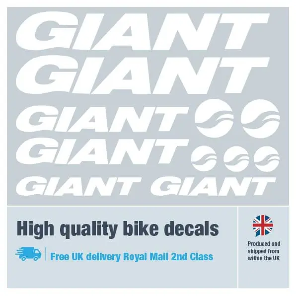 Giant bike decal set in white. Replacement vinyl stickers for Giant frames.