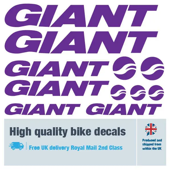 Giant bike decal set in purple. Replacement vinyl stickers for Giant frames.