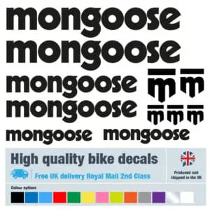 Mongoose bike decal set in black. Replacement vinyl stickers for Mongoose frames.