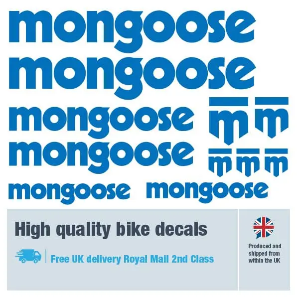 Mongoose bike decal set in dark blue. Replacement vinyl stickers for Mongoose frames.