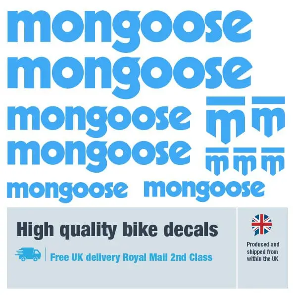 Mongoose bike decal set in light blue. Replacement vinyl stickers for Mongoose frames.