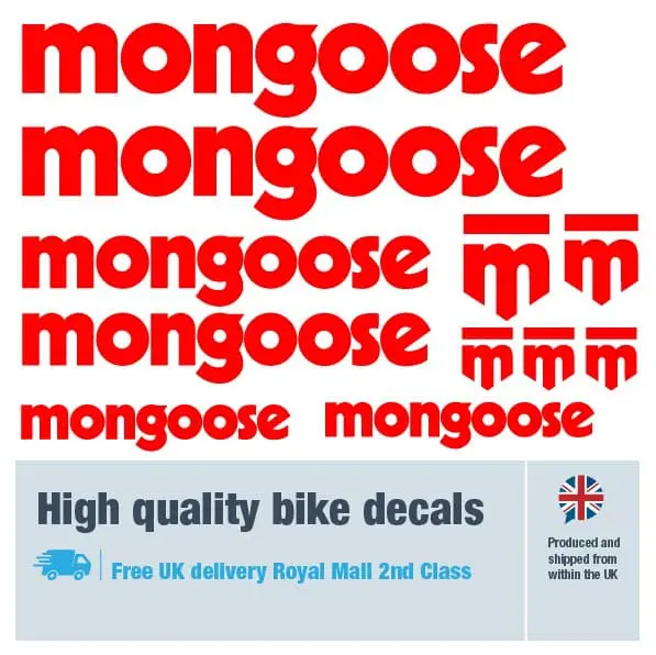 Mongoose bike decal set in red. Replacement vinyl stickers for Mongoose frames.