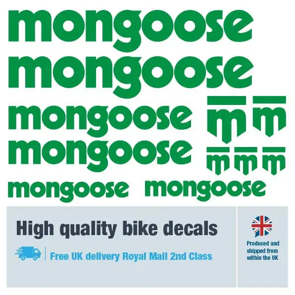 Mongoose bike decal set in green. Replacement vinyl stickers for Mongoose frames.