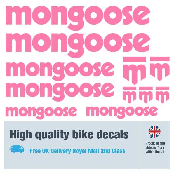 Mongoose bike decal set in pink. Replacement vinyl stickers for Mongoose frames.