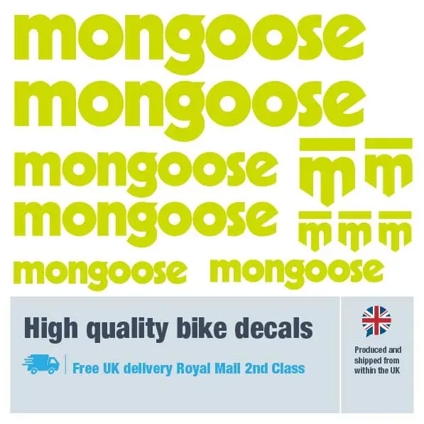 Mongoose bike decal set in lime. Replacement vinyl stickers for Mongoose frames.