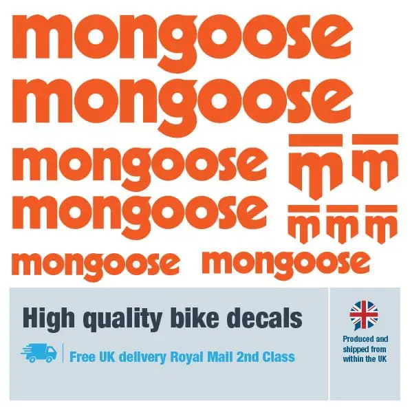 Mongoose bike decal set in orange. Replacement vinyl stickers for Mongoose frames.