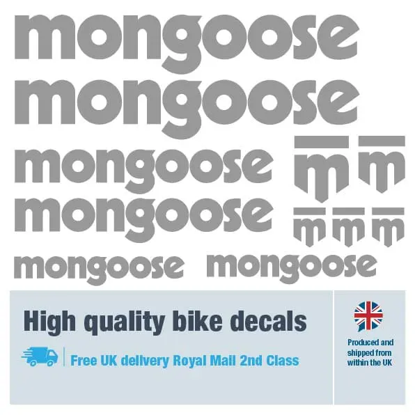 Mongoose bike decal set in silver. Replacement vinyl stickers for Mongoose frames.