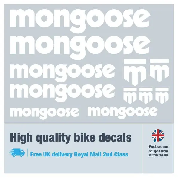 Mongoose bike decal set in white. Replacement vinyl stickers for Mongoose frames.