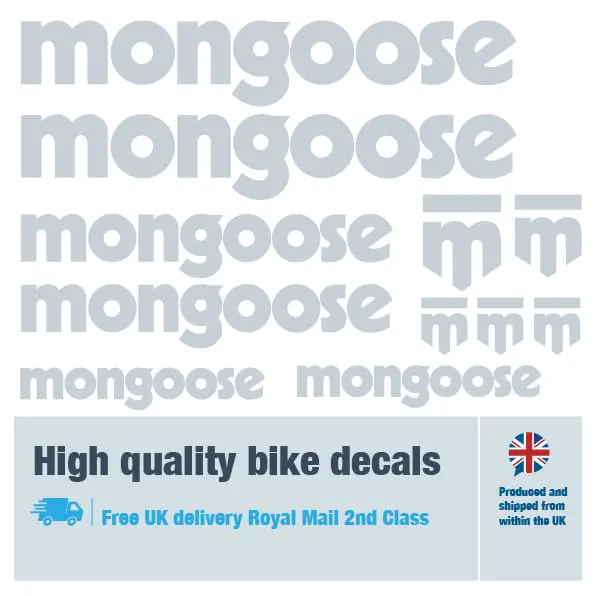 Mongoose bike decal set in grey. Replacement vinyl stickers for Mongoose frames.