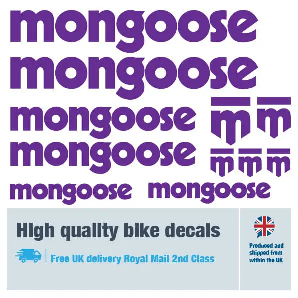Mongoose bike decal set in purple. Replacement vinyl stickers for Mongoose frames.