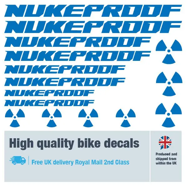 Nukeproof bike decal set in Dark blue. Replacement vinyl stickers for Nukeproof frames.
