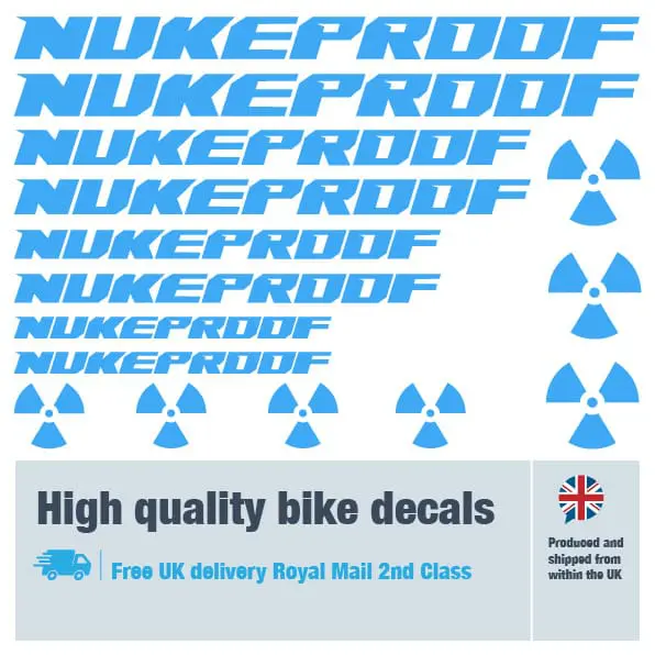 Nukeproof bike decal set in Light blue. Replacement vinyl stickers for Nukeproof frames.