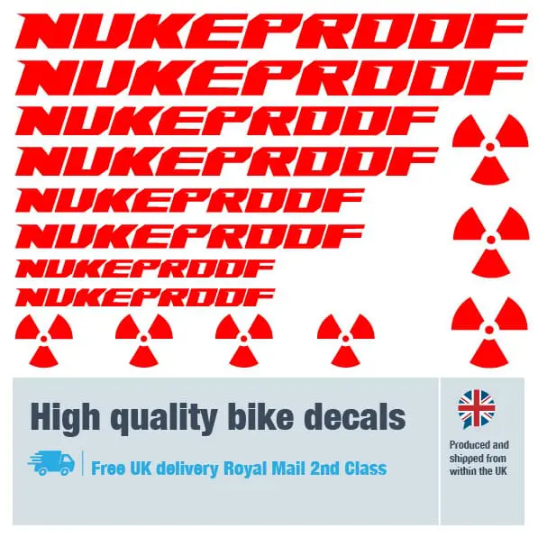 Nukeproof bike decal set in red. Replacement vinyl stickers for Nukeproof frames.