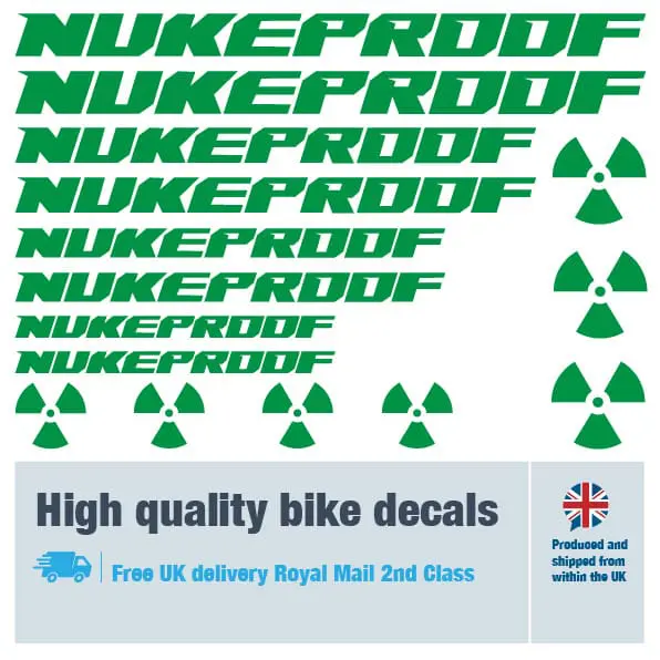 Nukeproof bike decal set in Green. Replacement vinyl stickers for Nukeproof frames.