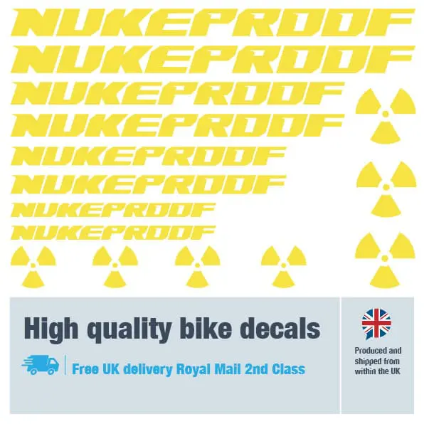 Nukeproof bike decal set in yellow. Replacement vinyl stickers for Nukeproof frames.