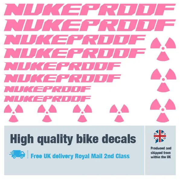 Nukeproof bike decal set in pink. Replacement vinyl stickers for Nukeproof frames.