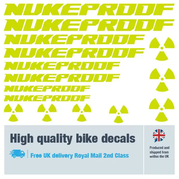 Nukeproof bike decal set in lime. Replacement vinyl stickers for Nukeproof frames.