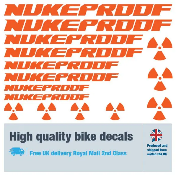 Nukeproof bike decal set in orange. Replacement vinyl stickers for Nukeproof frames.